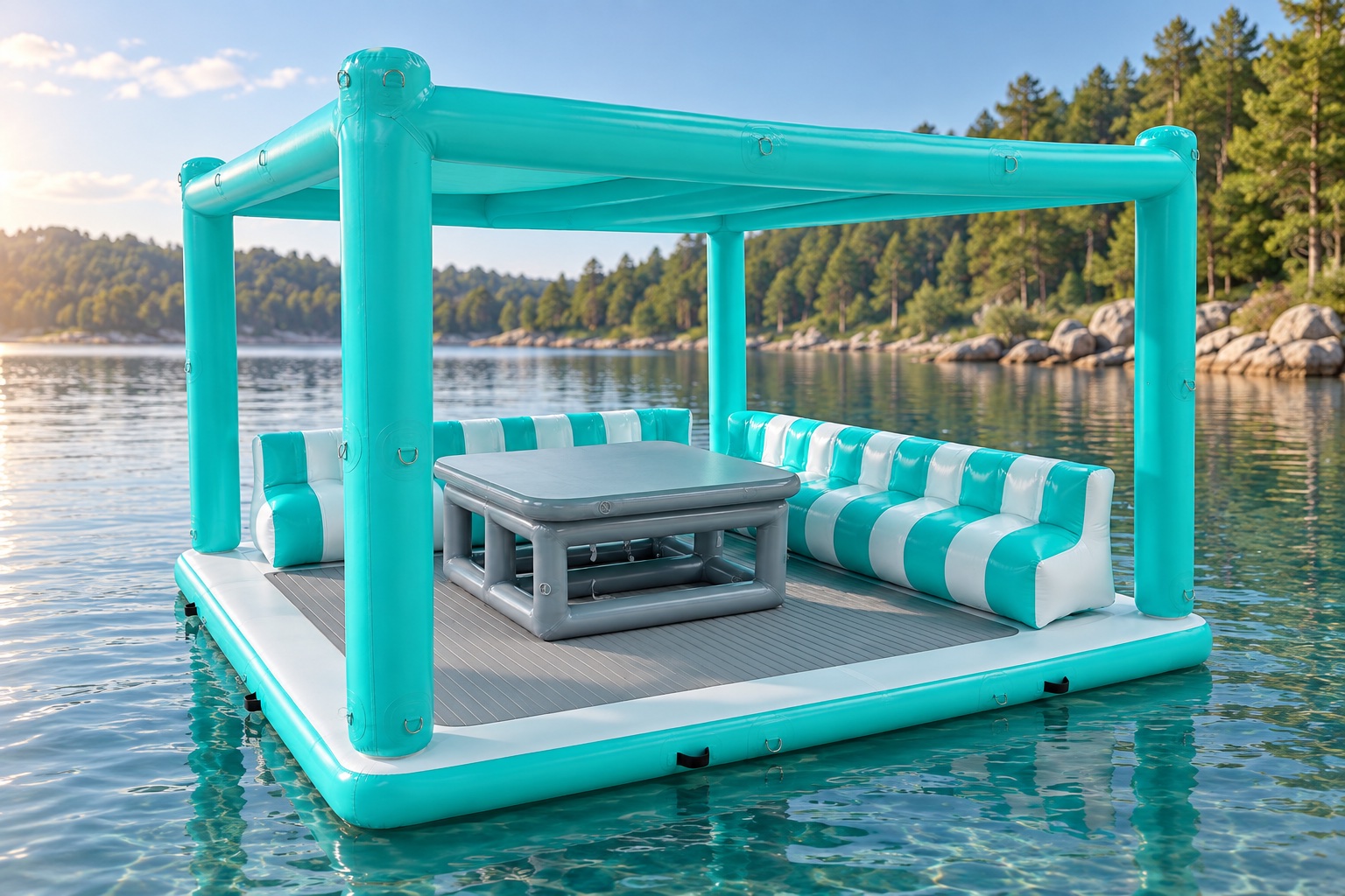 DSPR single-deck Cabana lounge with canopy, sofa and table in a lakeside setting